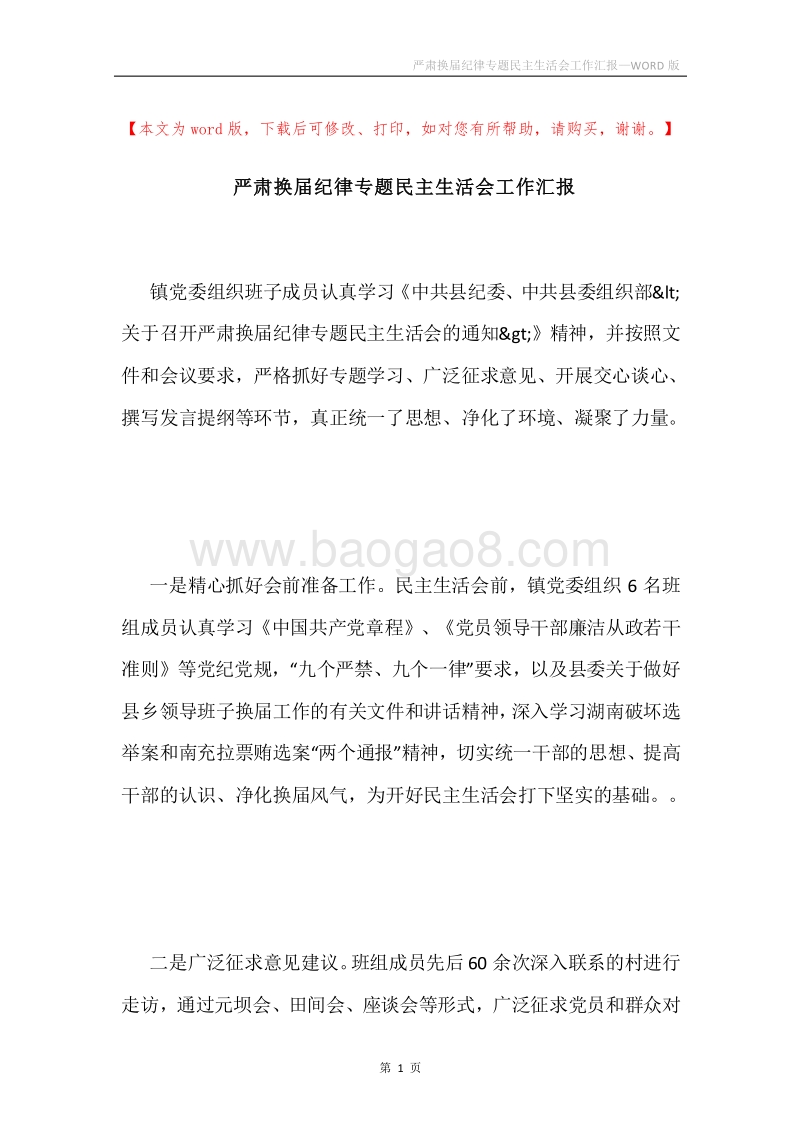 严肃换届纪律专题民主生活会工作汇报.docx_第1页