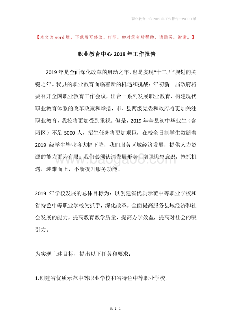 职业教育中心2019年工作报告.docx_第1页