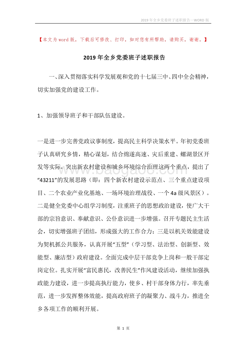 2019年全乡党委班子述职报告.docx_第1页