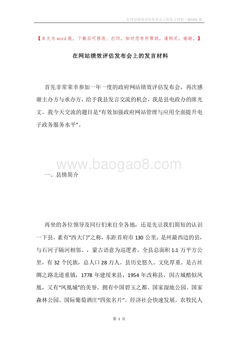 在网站绩效评估发布会上的发言材料.docx_第1页
