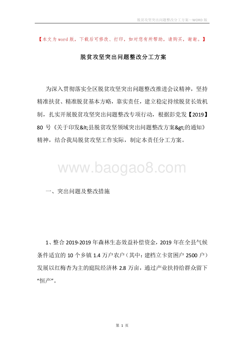 脱贫攻坚突出问题整改分工方案.docx_第1页