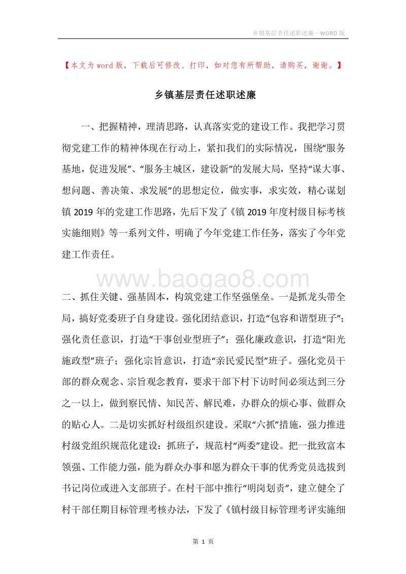 乡镇基层责任述职述廉.docx_第1页