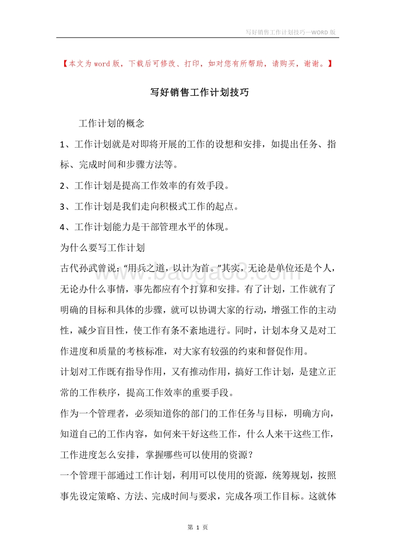 写好销售工作计划技巧.docx_第1页