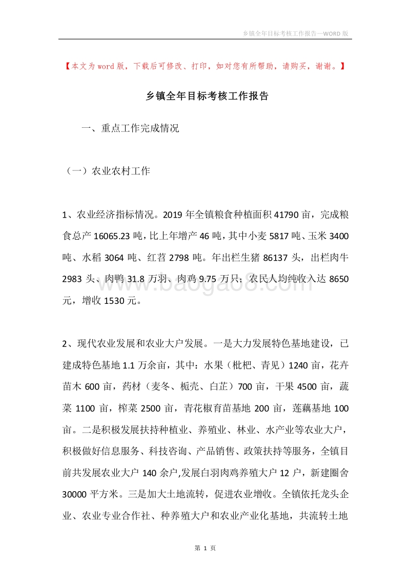乡镇全年目标考核工作报告.docx_第1页