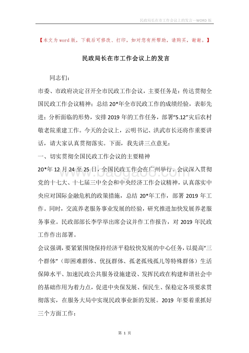 民政局长在市工作会议上的发言.docx_第1页