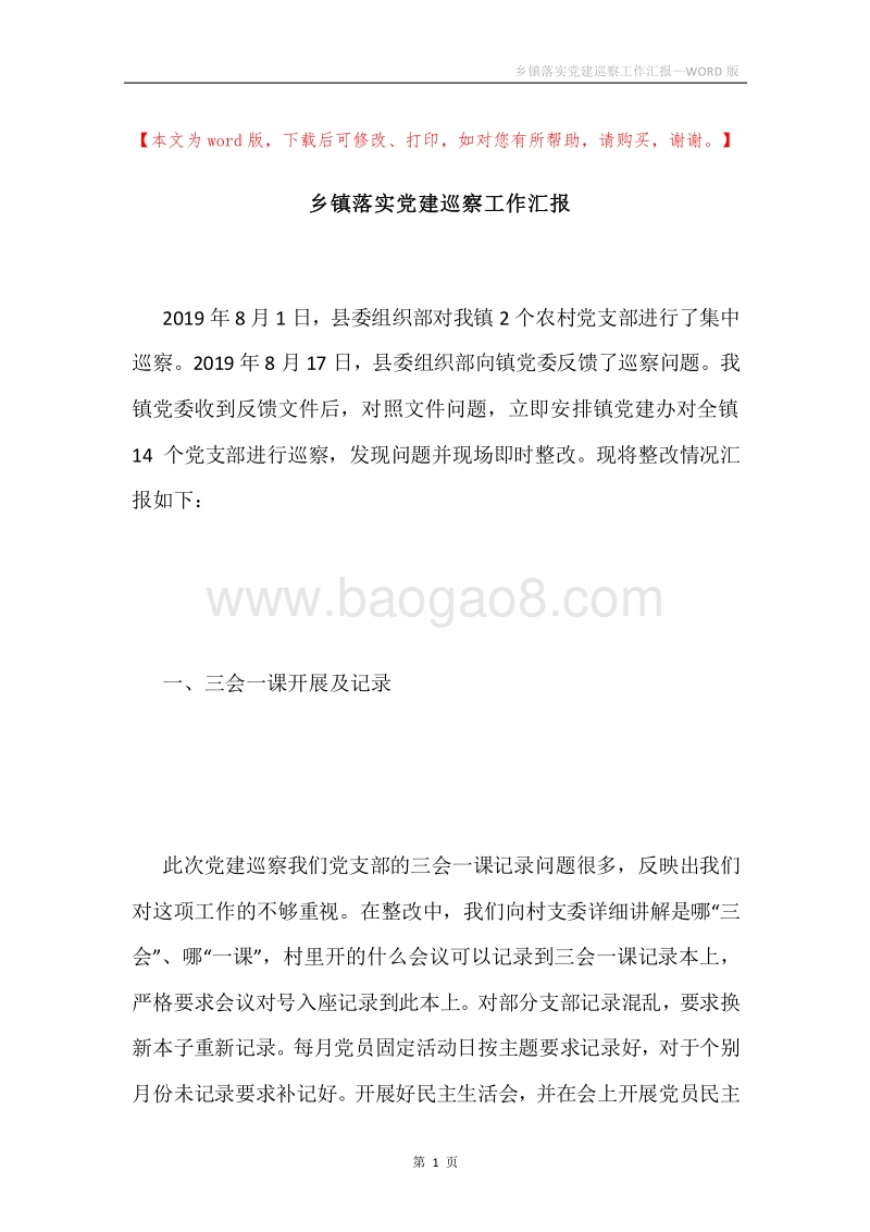 乡镇落实党建巡察工作汇报.docx_第1页