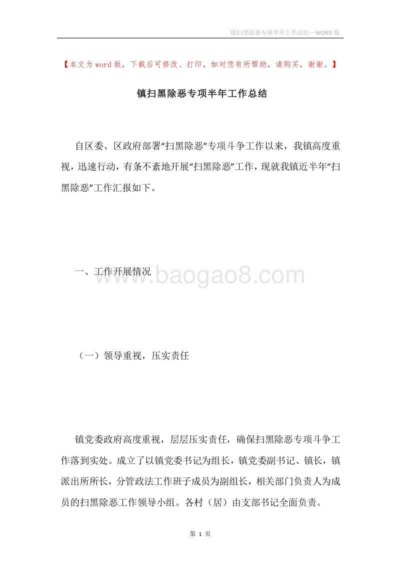 镇扫黑除恶专项半年工作总结.docx_第1页