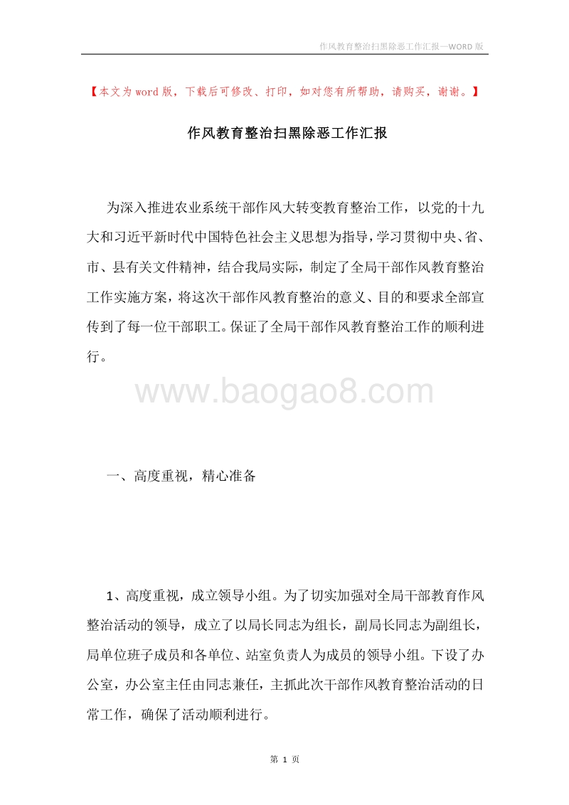 作风教育整治扫黑除恶工作汇报.docx_第1页