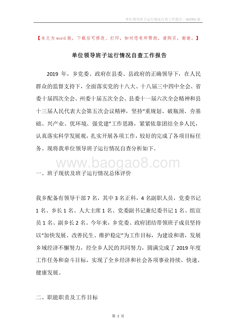 单位领导班子运行情况自查工作报告.docx_第1页