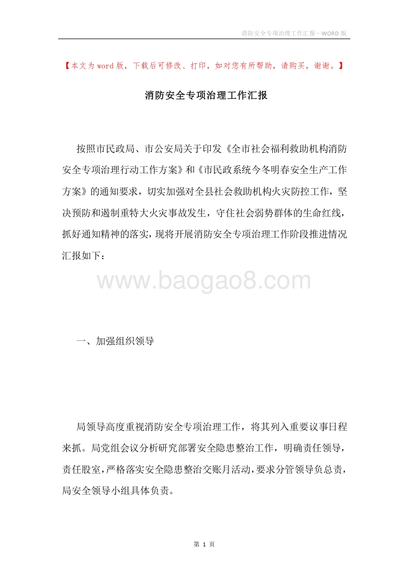 消防安全专项治理工作汇报.docx_第1页
