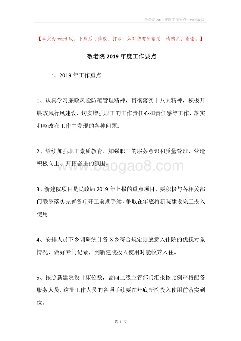 敬老院2019年度工作要点.docx_第1页