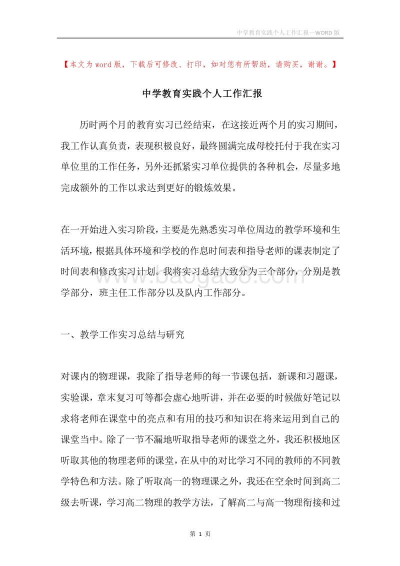 中学教育实践个人工作汇报.docx_第1页