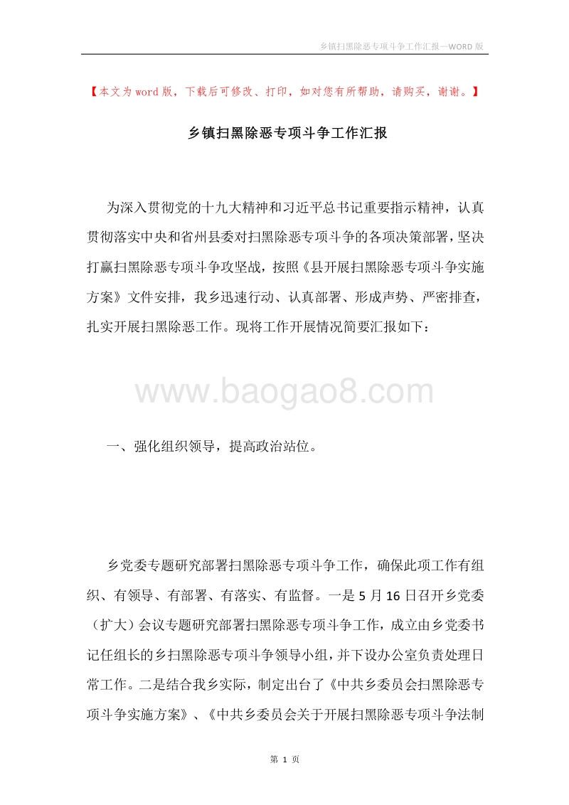 乡镇扫黑除恶专项斗争工作汇报.docx_第1页