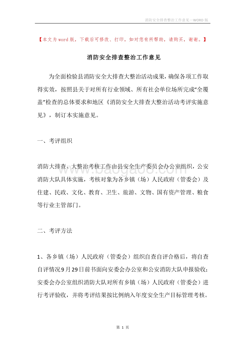 消防安全排查整治工作意见.docx_第1页