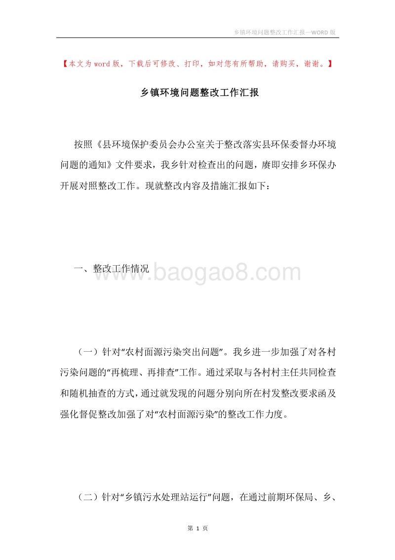 乡镇环境问题整改工作汇报.docx_第1页