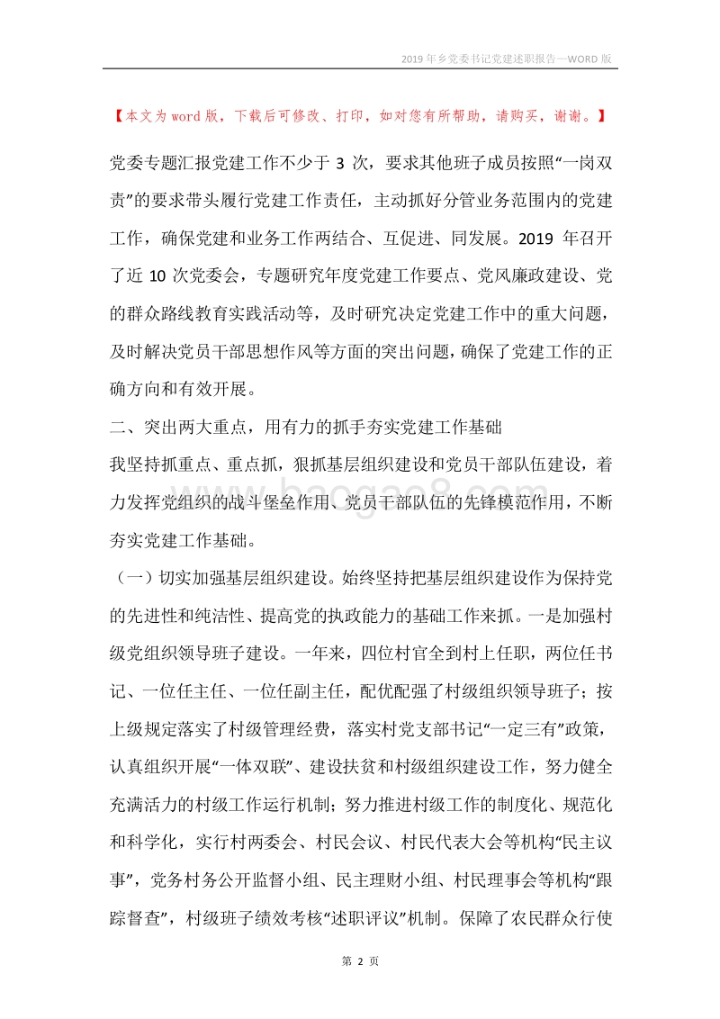 2019年乡党委书记党建述职报告.docx_第2页