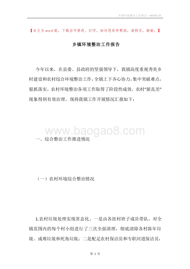 乡镇环境整治工作报告.docx_第1页