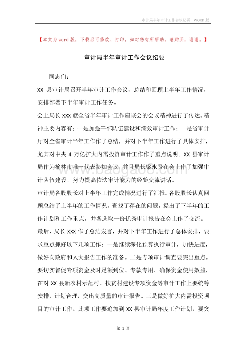 审计局半年审计工作会议纪要.docx_第1页