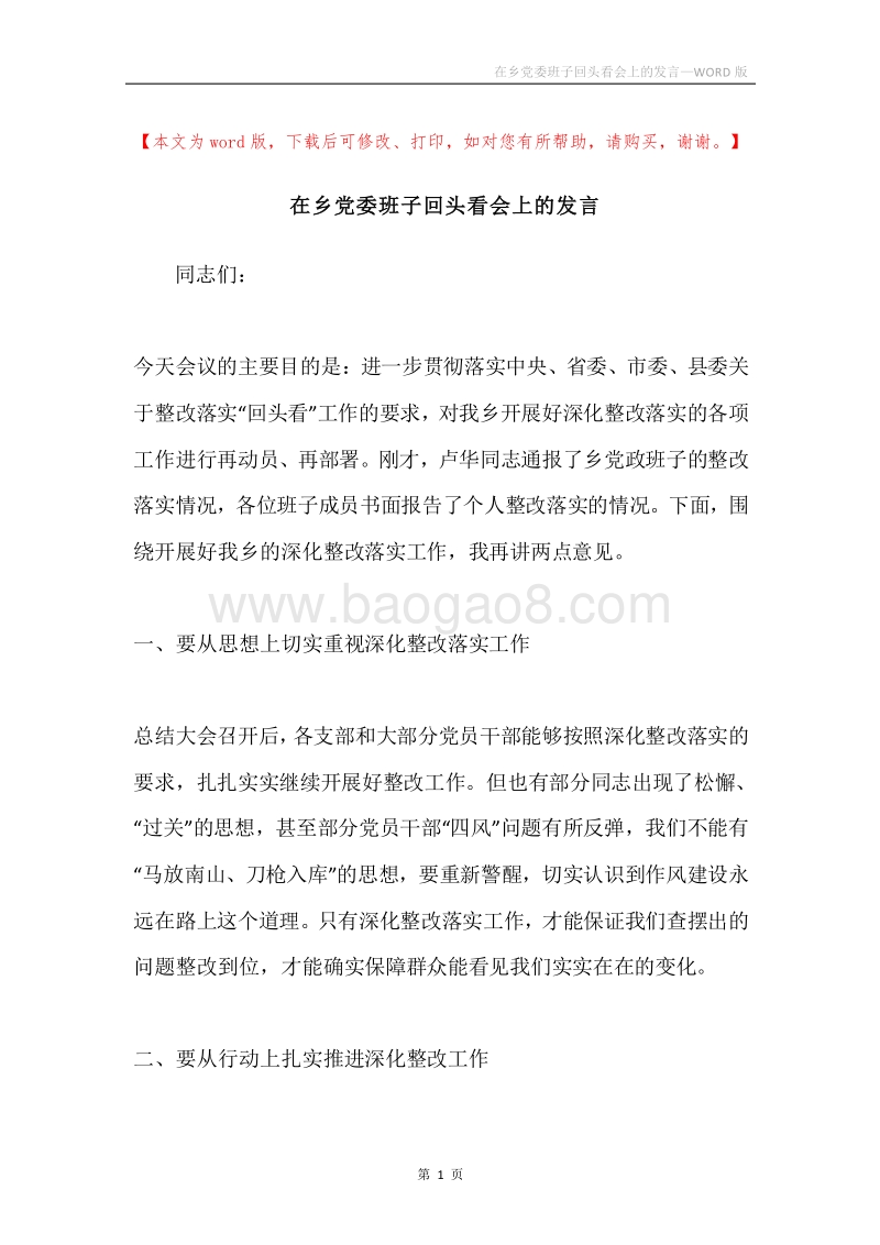 在乡党委班子回头看会上的发言.docx_第1页