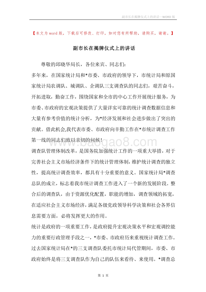 副市长在揭牌仪式上的讲话.docx_第1页
