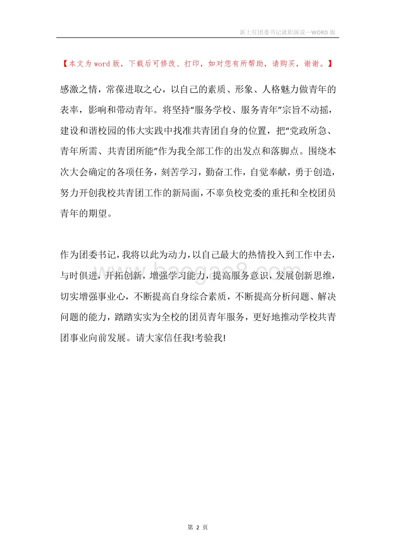 新上任团委书记就职演说.docx_第2页