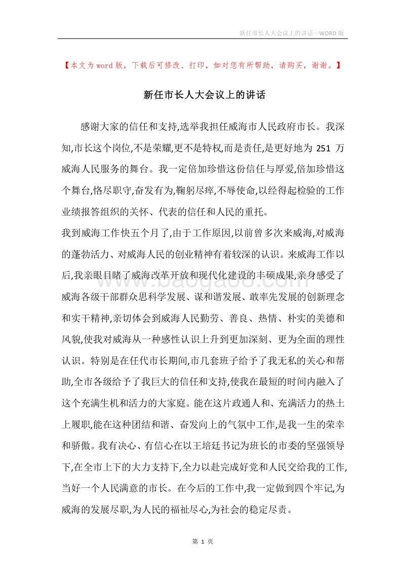 新任市长人大会议上的讲话.docx_第1页