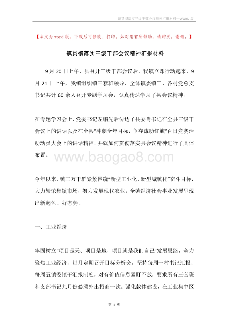 镇贯彻落实三级干部会议精神汇报材料.docx_第1页