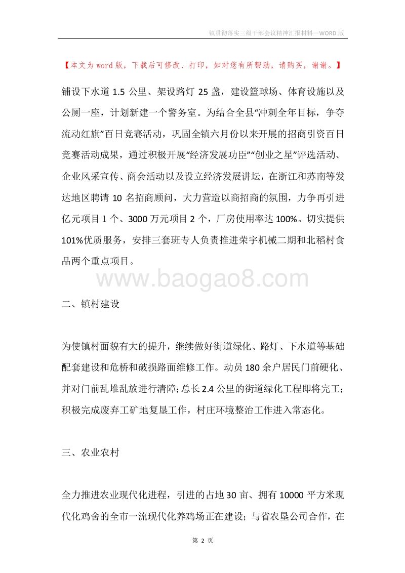 镇贯彻落实三级干部会议精神汇报材料.docx_第2页
