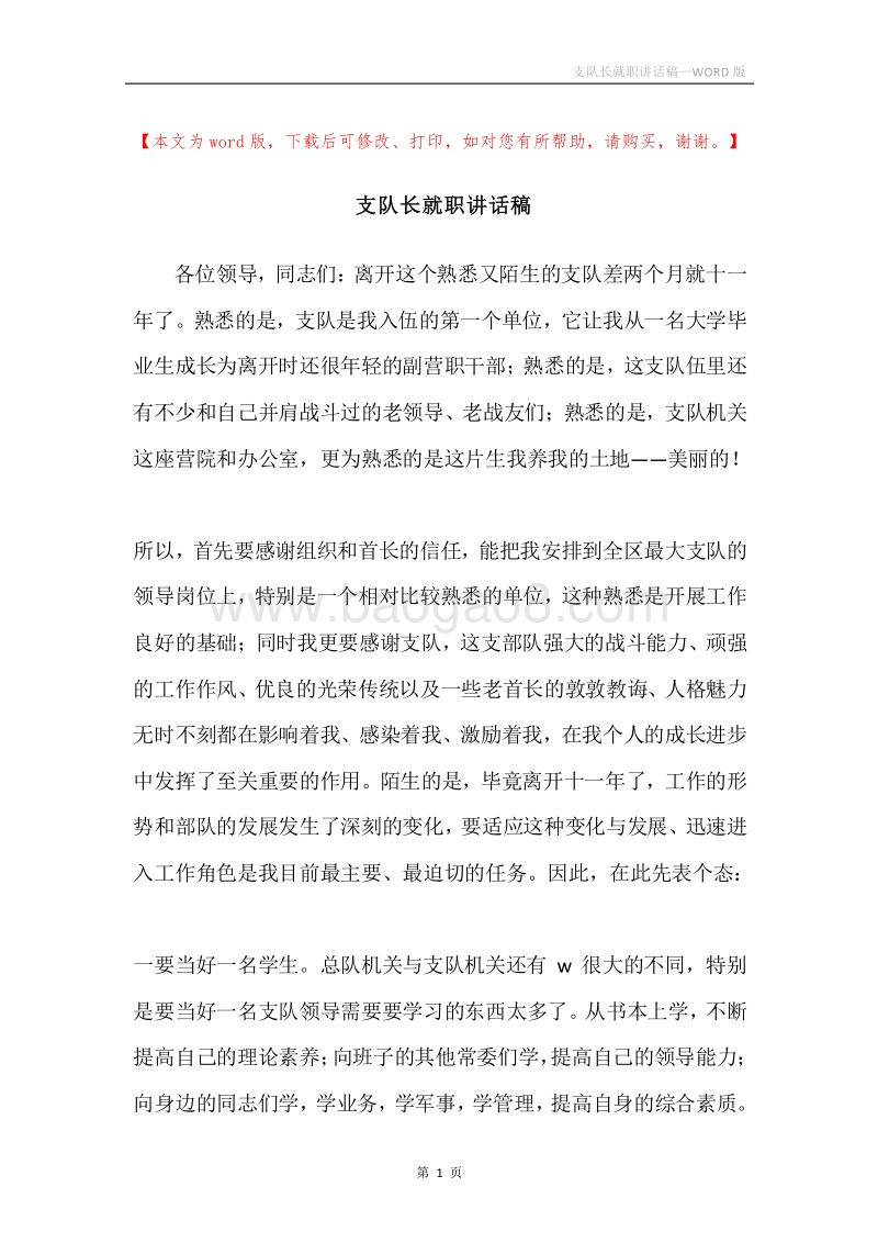 支队长就职讲话稿.docx_第1页