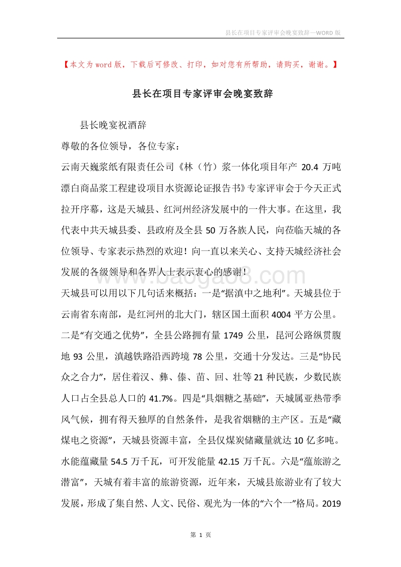 县长在项目专家评审会晚宴致辞.docx_第1页