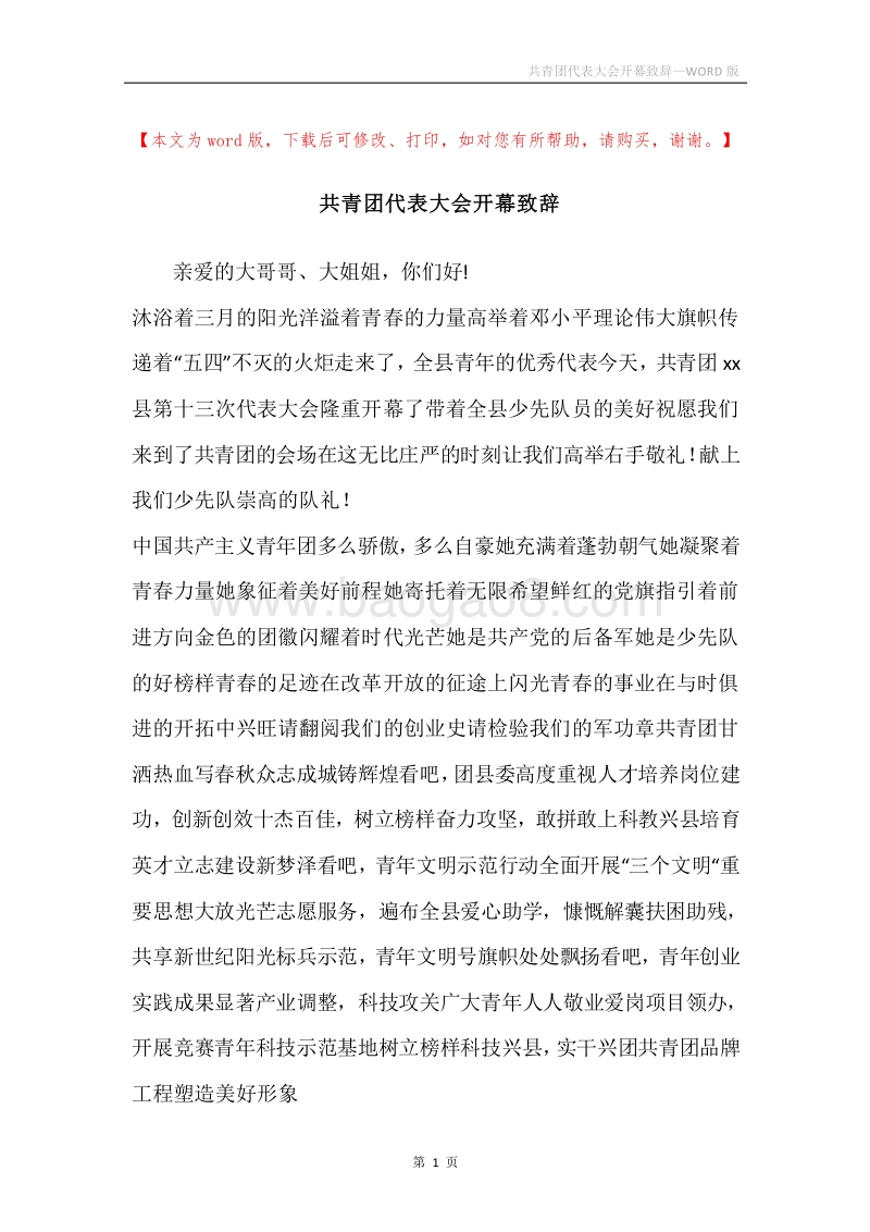 共青团代表大会开幕致辞.docx_第1页