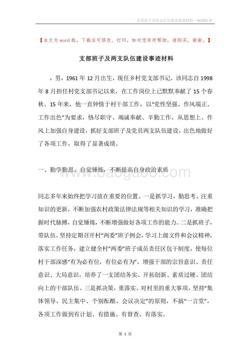 支部班子及两支队伍建设事迹材料.docx_第1页