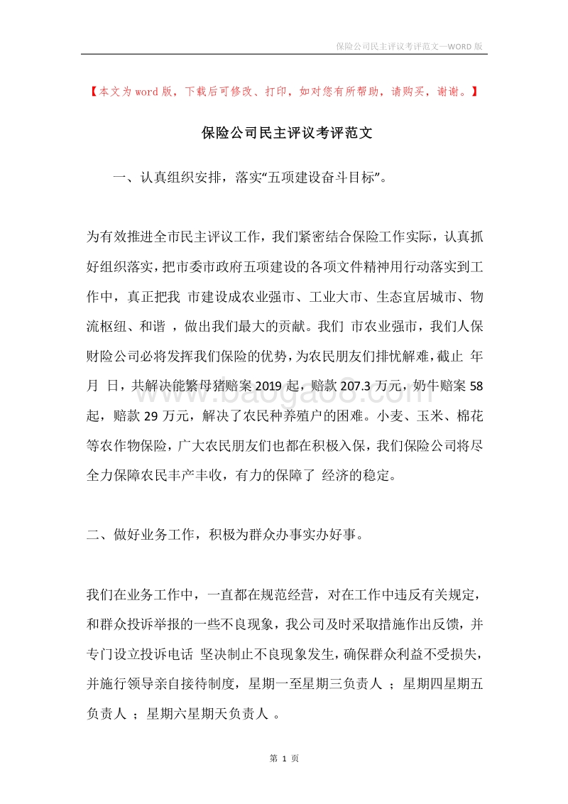 保险公司民主评议考评范文.docx_第1页