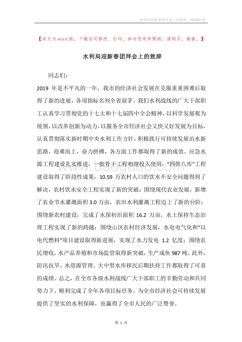 水利局迎新春团拜会上的致辞.docx_第1页
