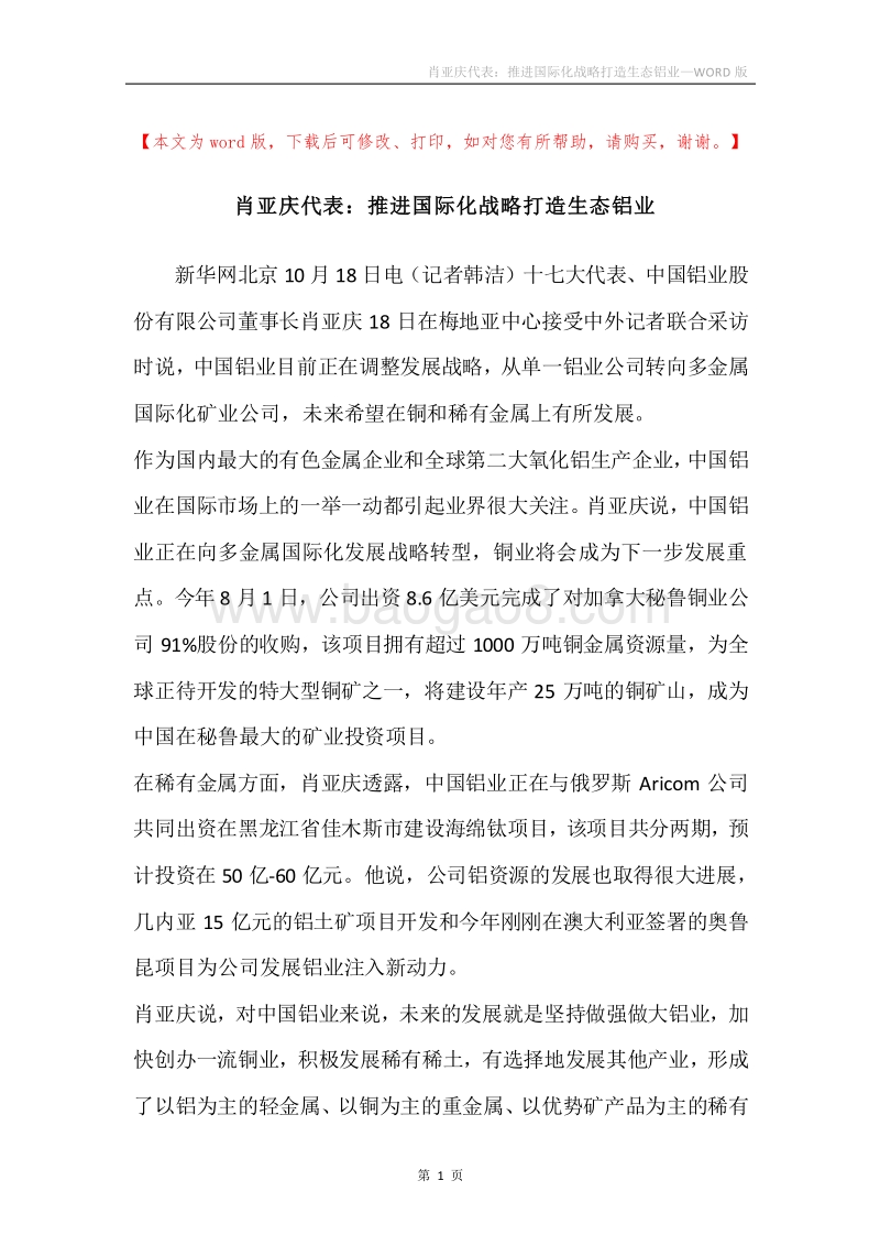 肖亚庆代表：推进国际化战略打造生态铝业_1.docx_第1页