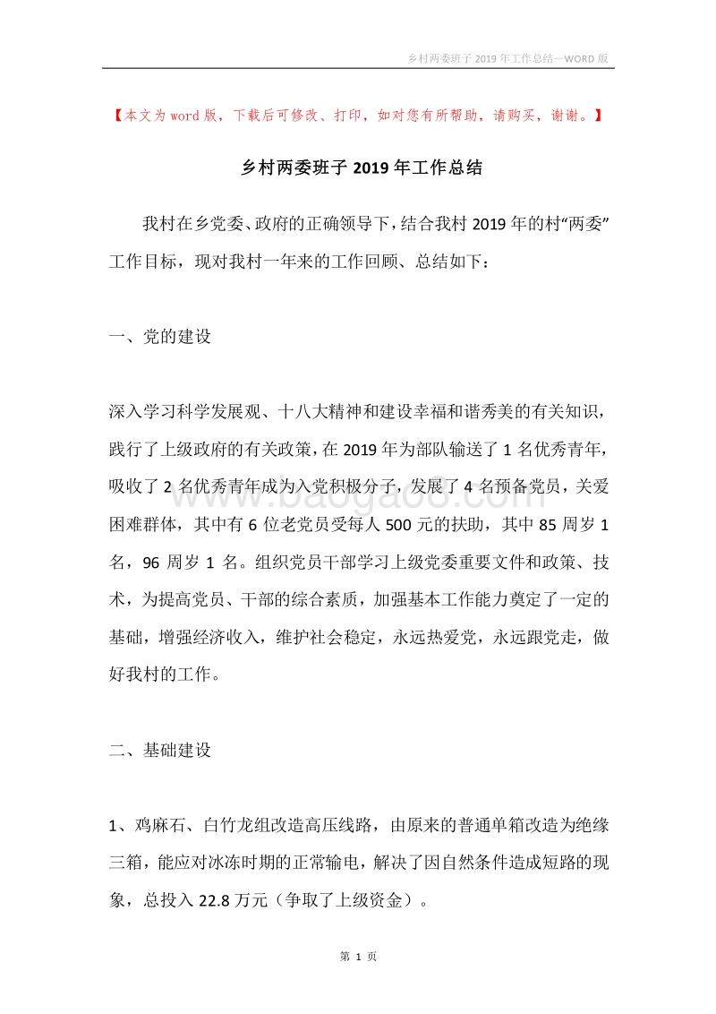乡村两委班子2019年工作总结.docx_第1页