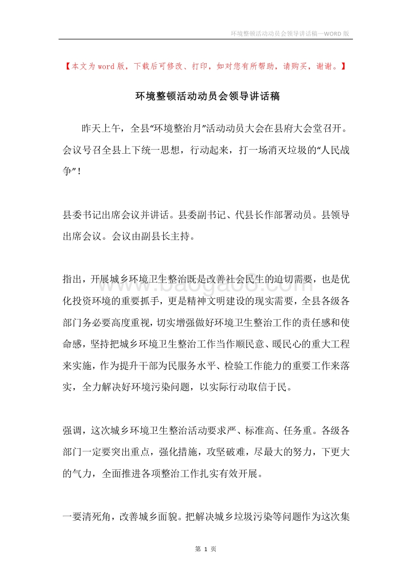 环境整顿活动动员会领导讲话稿.docx_第1页