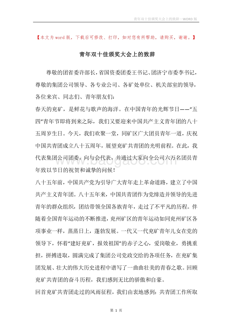 青年双十佳颁奖大会上的致辞.docx_第1页