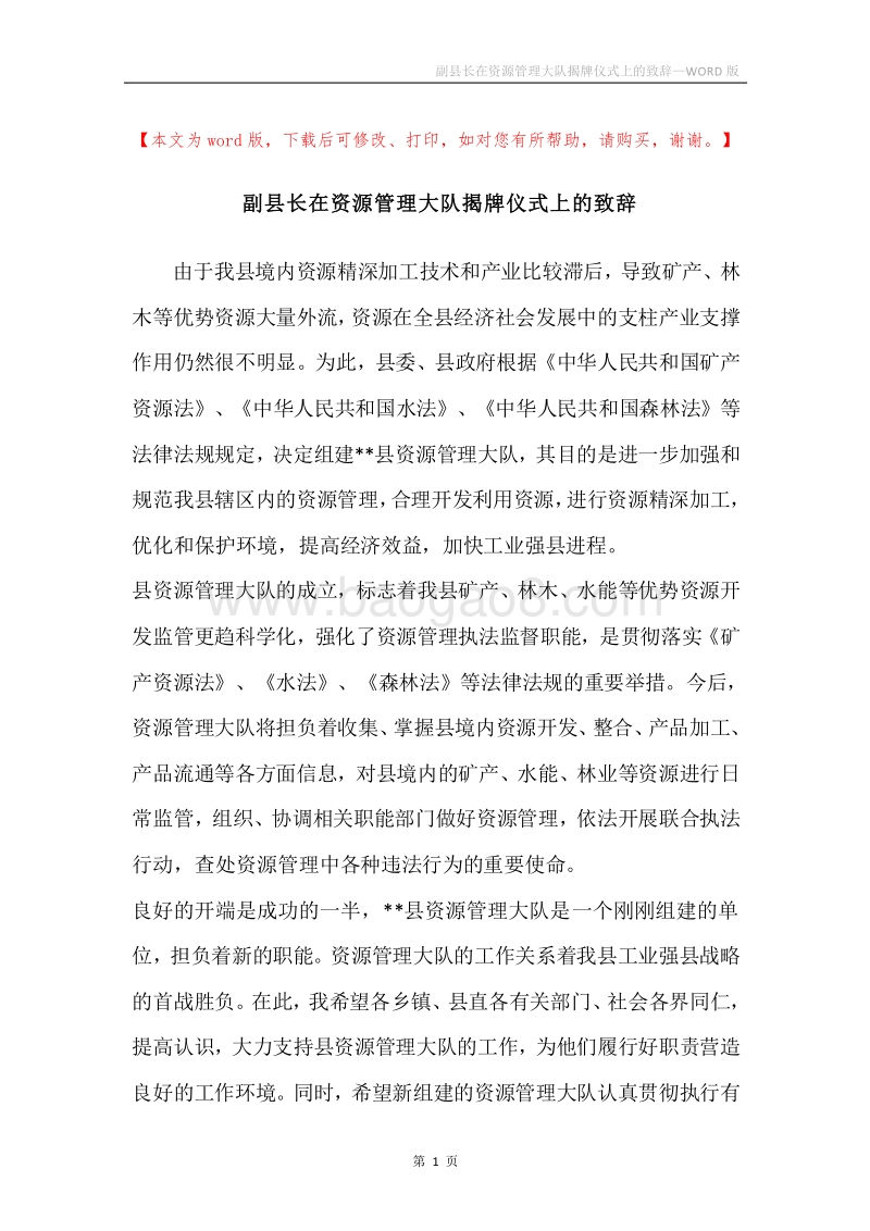 副县长在资源管理大队揭牌仪式上的致辞.docx_第1页