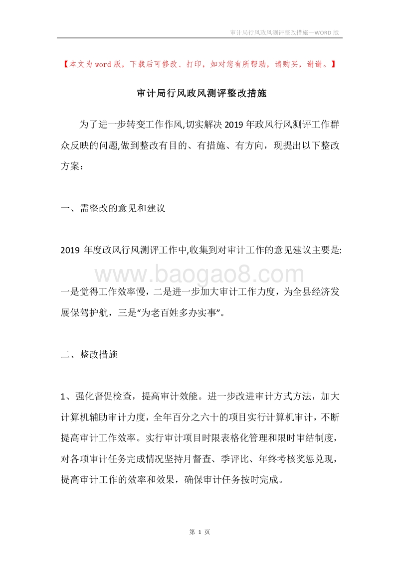 审计局行风政风测评整改措施.docx_第1页