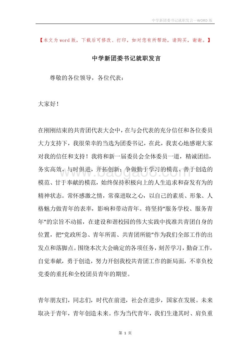 中学新团委书记就职发言.docx_第1页