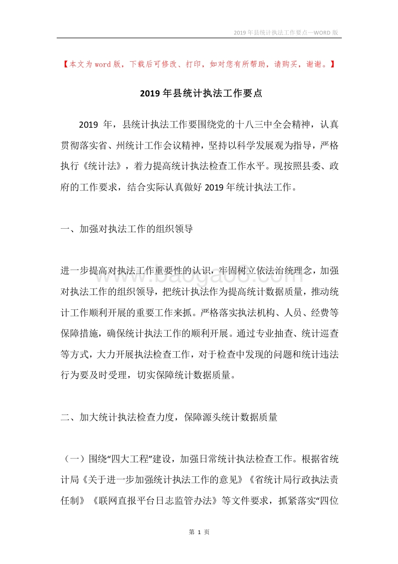 2019年县统计执法工作要点.docx_第1页