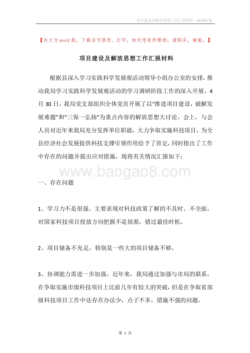 项目建设及解放思想工作汇报材料.docx_第1页