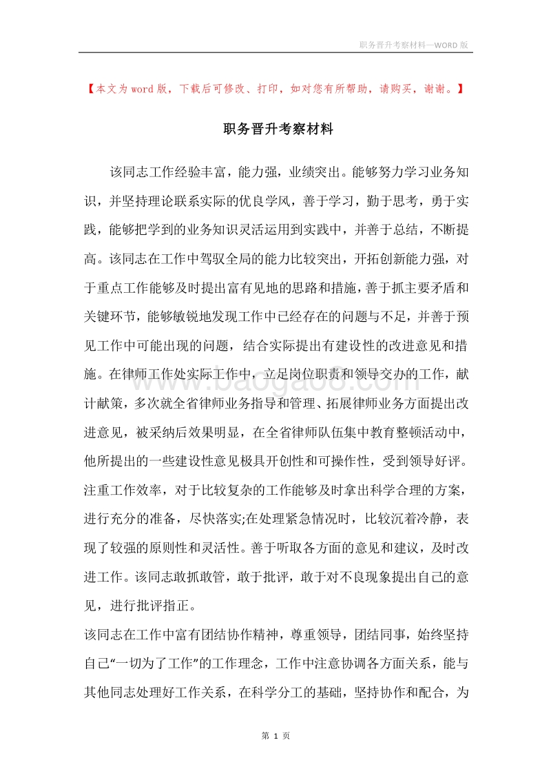 职务晋升考察材料.docx_第1页