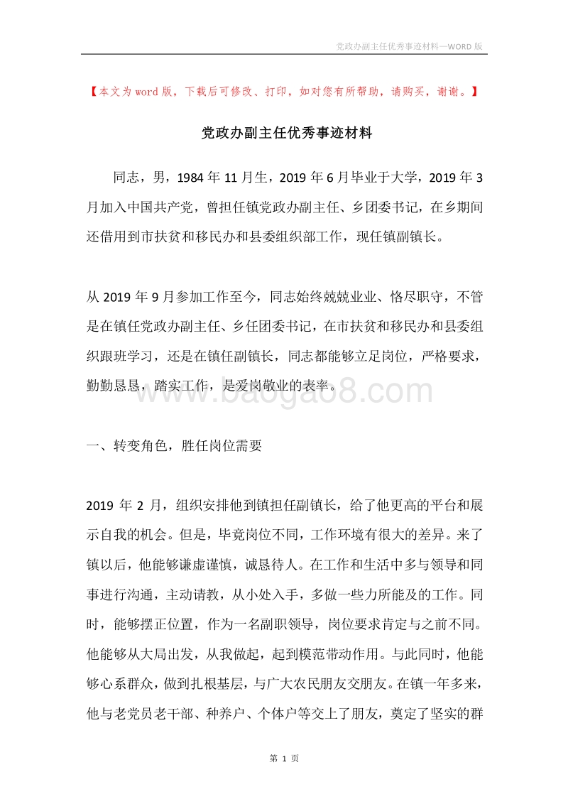 党政办副主任优秀事迹材料.docx_第1页