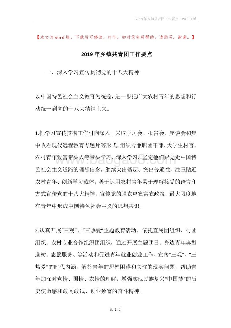 2019年乡镇共青团工作要点.docx_第1页