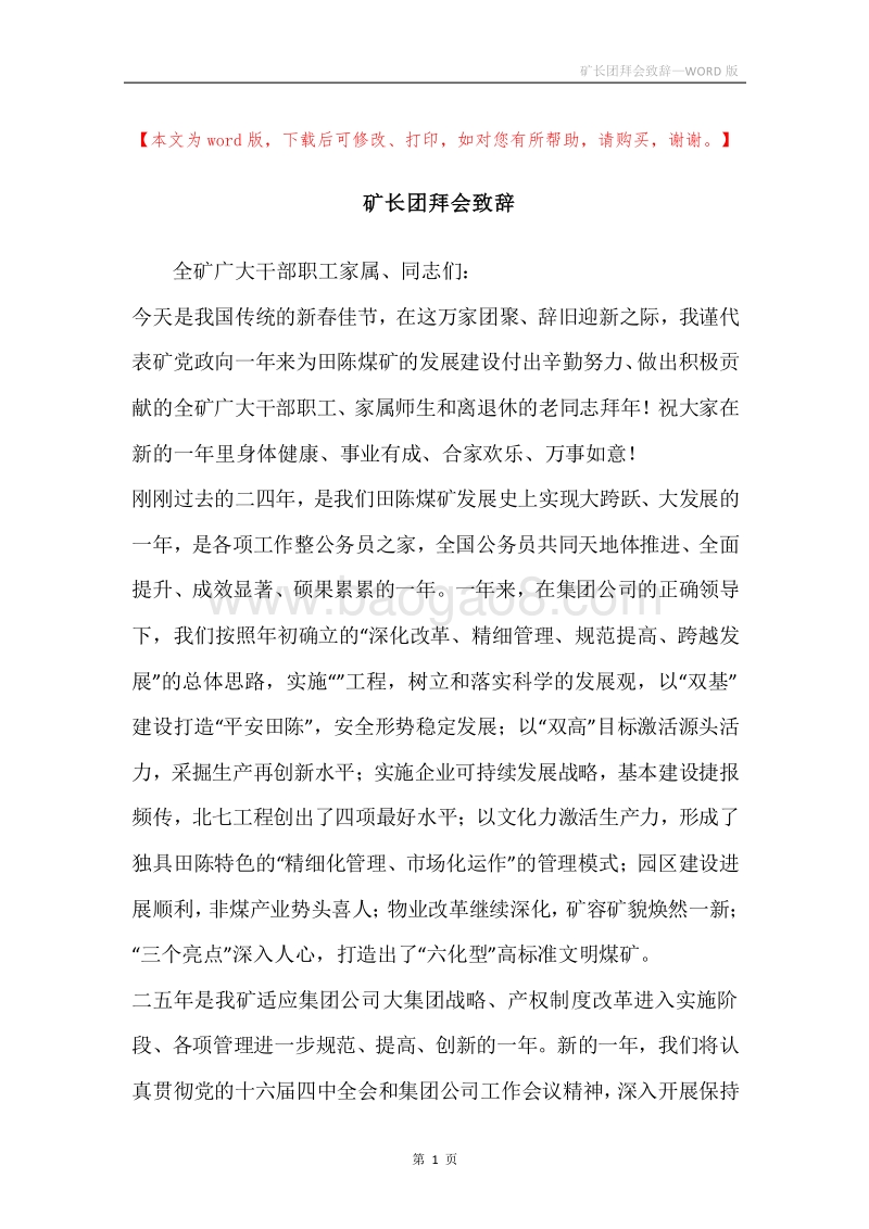 矿长团拜会致辞.docx_第1页