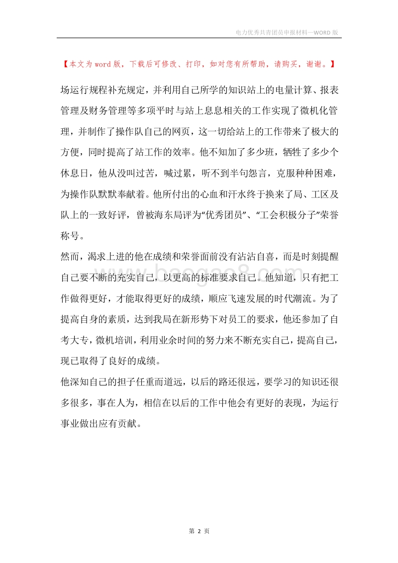电力优秀共青团员申报材料.docx_第2页