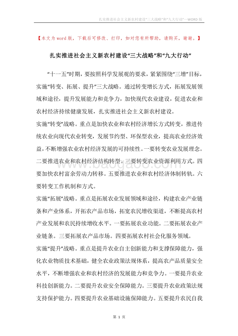 扎实推进社会主义新农村建设“三大战略”和“九大行动”.docx_第1页
