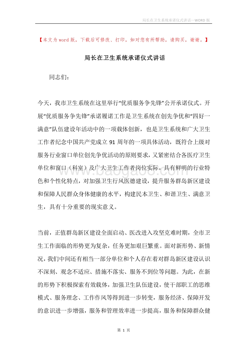 局长在卫生系统承诺仪式讲话.docx_第1页